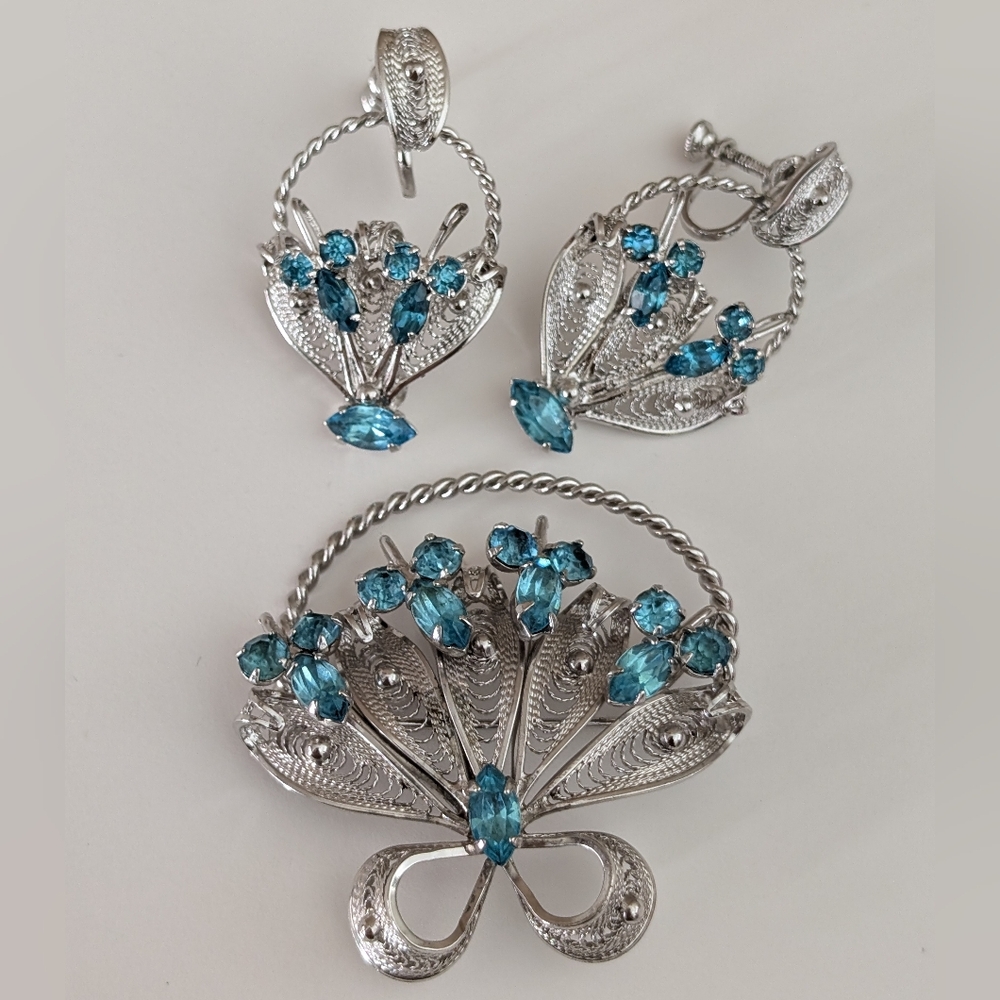 Vintage Sterling Silver Blue Rhinestone Brooch Eating Set By Abon